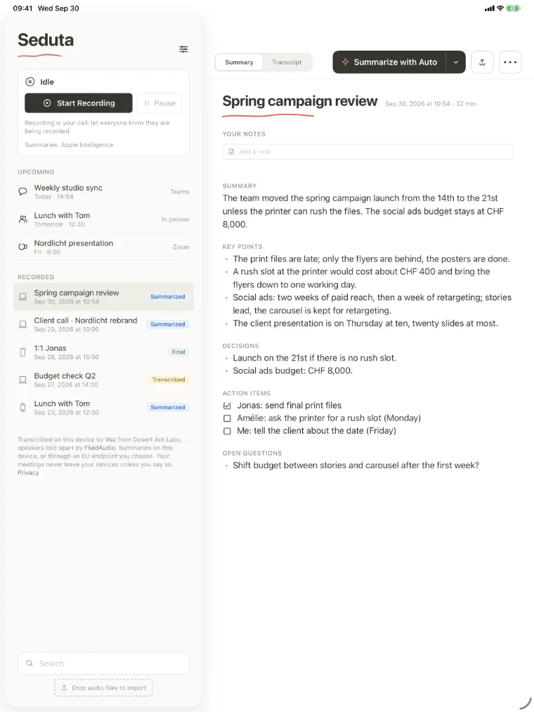 Seduta on iPad: the meeting list beside the summary of Spring campaign review