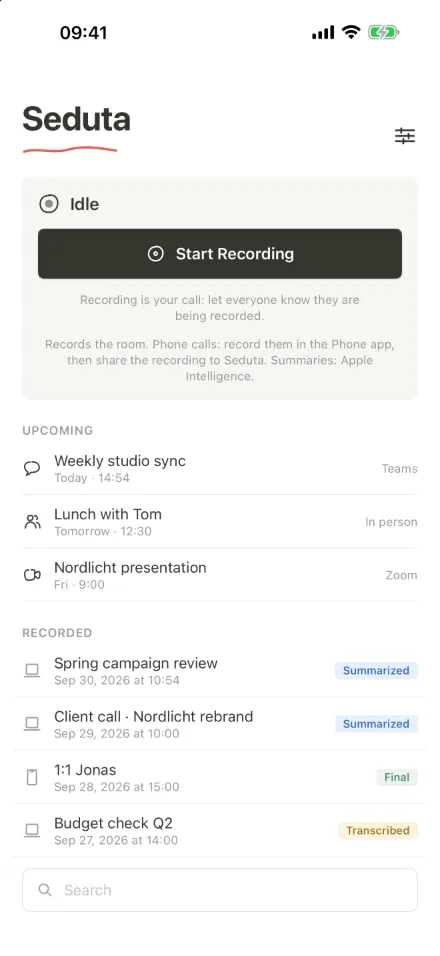 Seduta on iPhone: status card, upcoming and recorded meetings