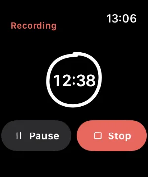 Seduta on Apple Watch: recording, 12:38, with Pause and Stop